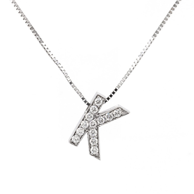 Ladies 0.25 ct. Round Cut Diamond Initial "K" Pendant Necklace in 14k White Gold