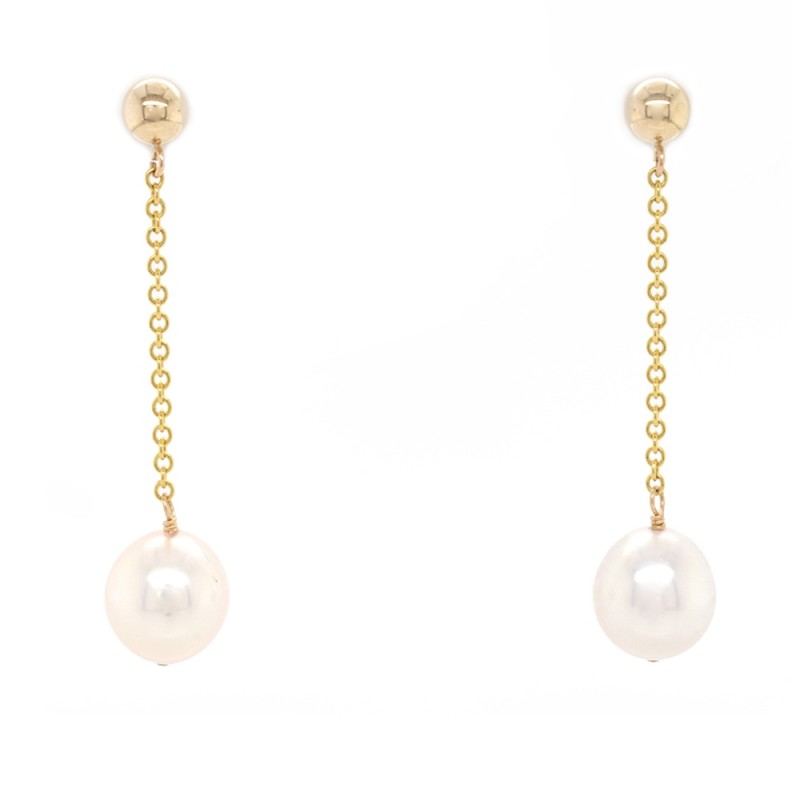 Japanese Akoya Pearl Dangling Earrings in 14k Yellow Gold