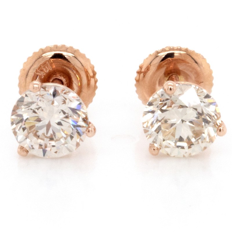 14k Rose Gold 1.80 Ct. Tw. Round Brilliant Cut Diamond Stud Earrings on 3-Prong Martini Screw Backs Settings