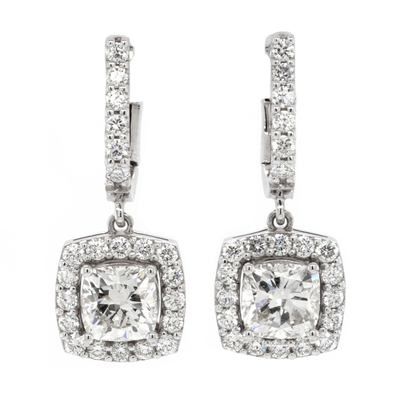 14k White Gold 2.91 Ct. Tw. Cushion and Round Brilliant Cut Diamonds Halo Dangling Earrings