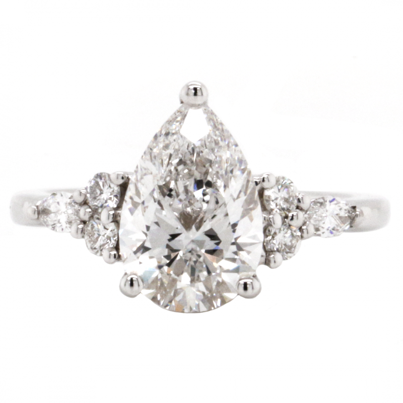 14k White Gold Three-Stone Ring Featuring 2.01ct Pear Shaped Lab Grown Diamond and Round and Marquise Cluster Side Diamonds