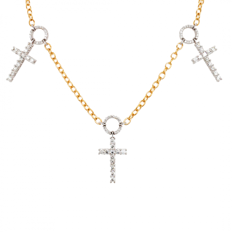 Three-Pendant Diamond Cross and Circle Necklace In Two-Tone Gold