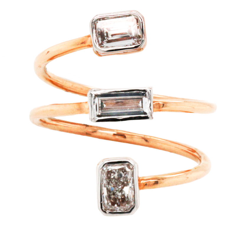 14k Rose Gold Spiral Ring featuring Emerald, Baguette, and Radiant Cut Lab Grown Diamonds