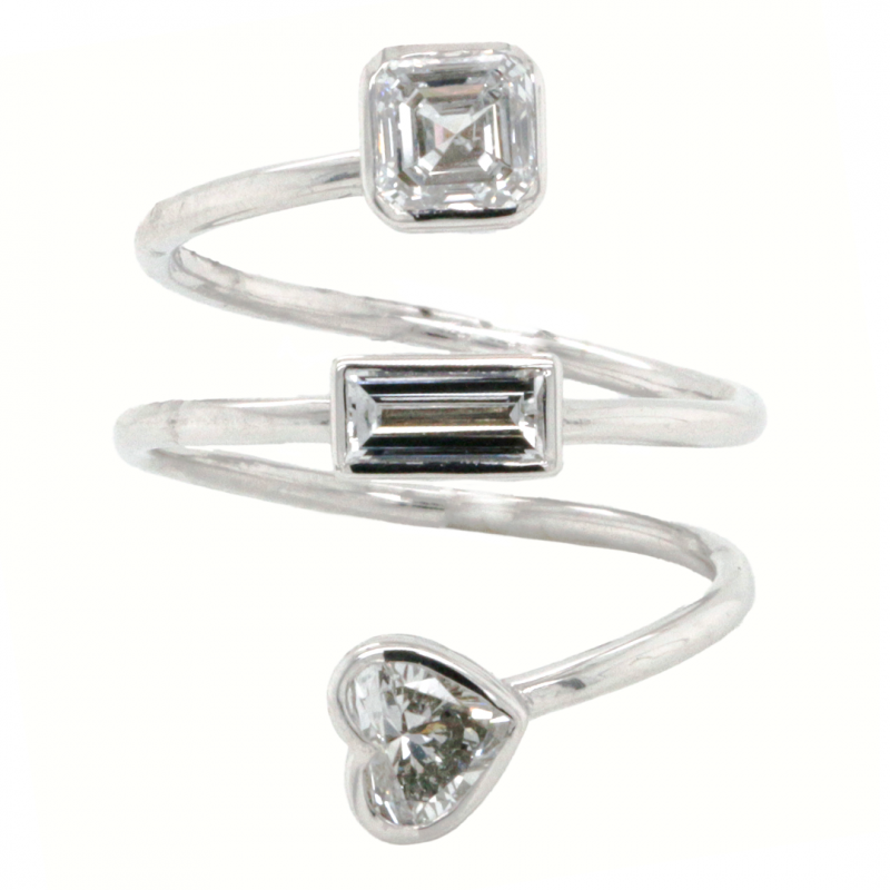 14k White Gold Spiral Ring featuring Asscher, Baguette, and Heart Shaped Lab Grown Diamonds