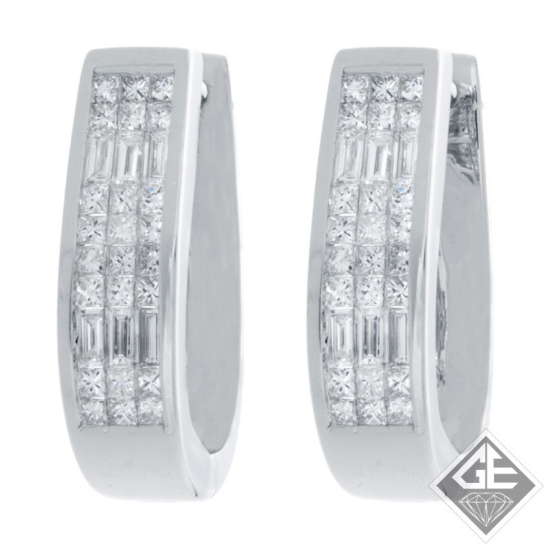 18k White Gold 1.38 Ct. Tw. Invisible Set Three-Row Princess Cut and Baguette Diamond Hoop Earrings