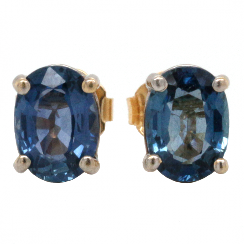 14k Two-toned Gold Oval Shaped Blue Sapphire Stud Earrings