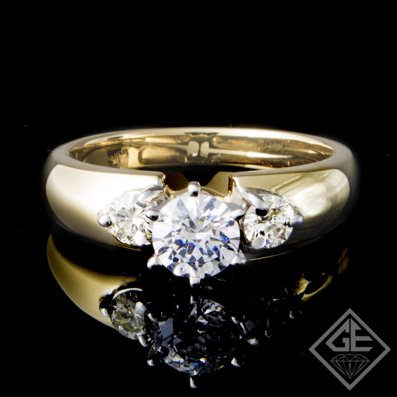 14k Yellow Gold Three-Stone Round Brilliant Cut Diamond Engagement Ring with 0.32cts Side Diamonds (Center Stone Sold Separately)