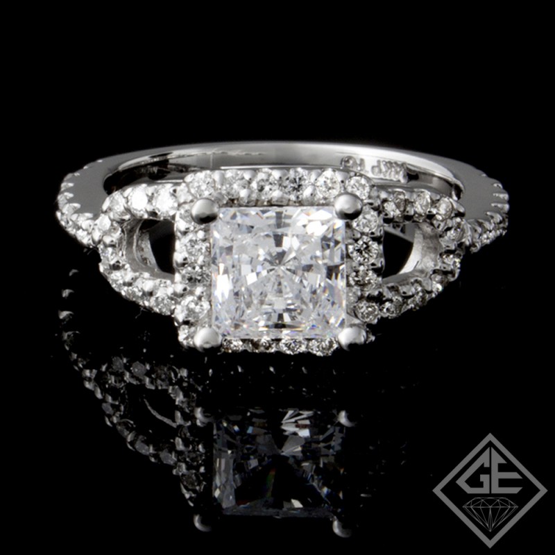 14k White Gold Asscher Cut Center Diamond with 0.70cts Round Brilliant Cut Diamond Halo Engagement Ring (Center Stone Sold Separately)