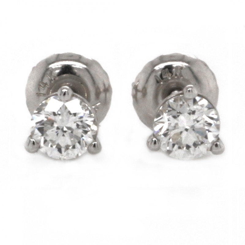 14k White Gold 0.50 Ct. Tw. Round Brilliant Cut Diamond Stud Earrings on 3-Prong Martini Screw Back Settings