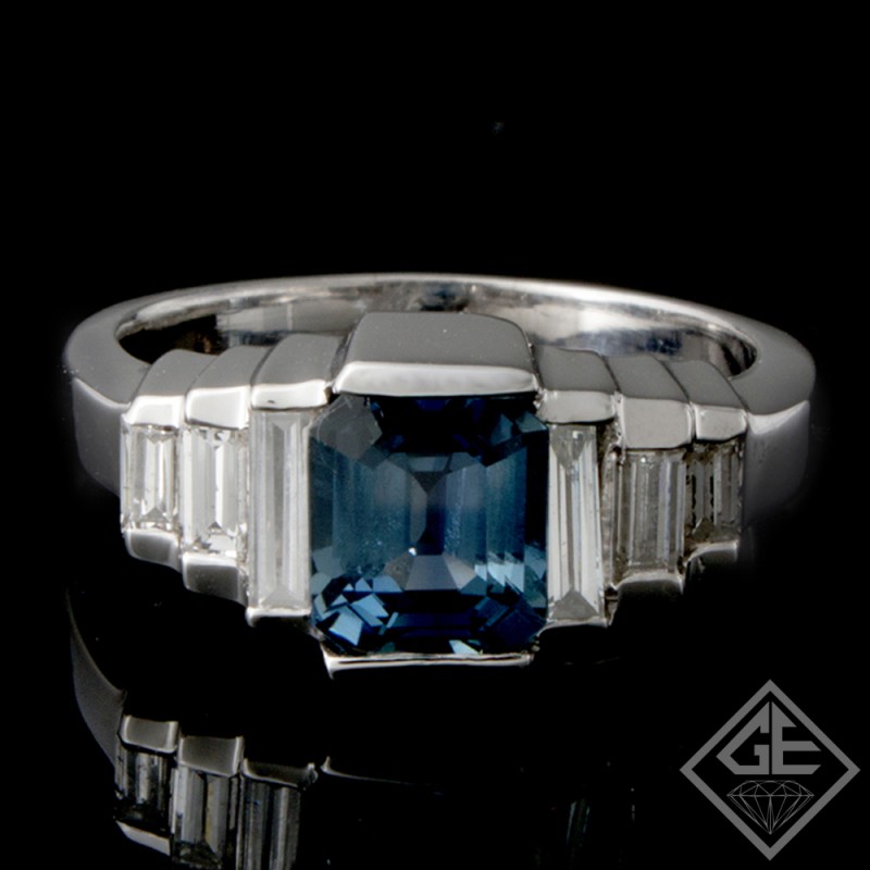 Ladies Antique Style Fashion Ring with 1.60 ct Blue Sapphire and 0.50 ct Baguette Cut Diamonds in 14k White Gold