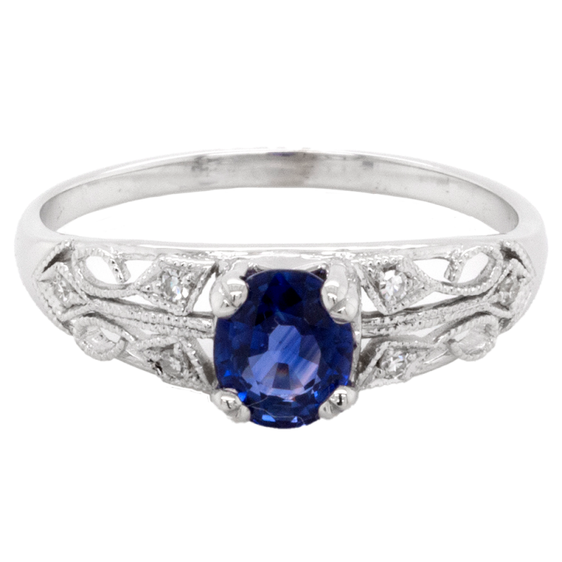 Ladies Vintage Design Fashion Ring with Blue Sapphire and Diamonds in 18k White Gold