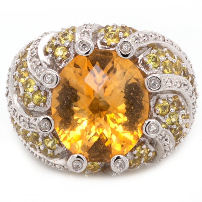 14k White Gold 9 ct. Citrine and Diamonds Fashion Ring