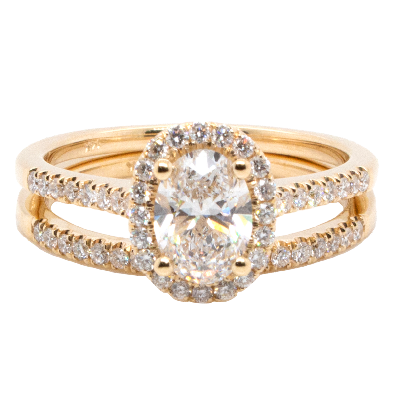 14k Yellow Gold Bridal Set Featuring 1.05ct Oval Center Diamond Halo Engagement Ring