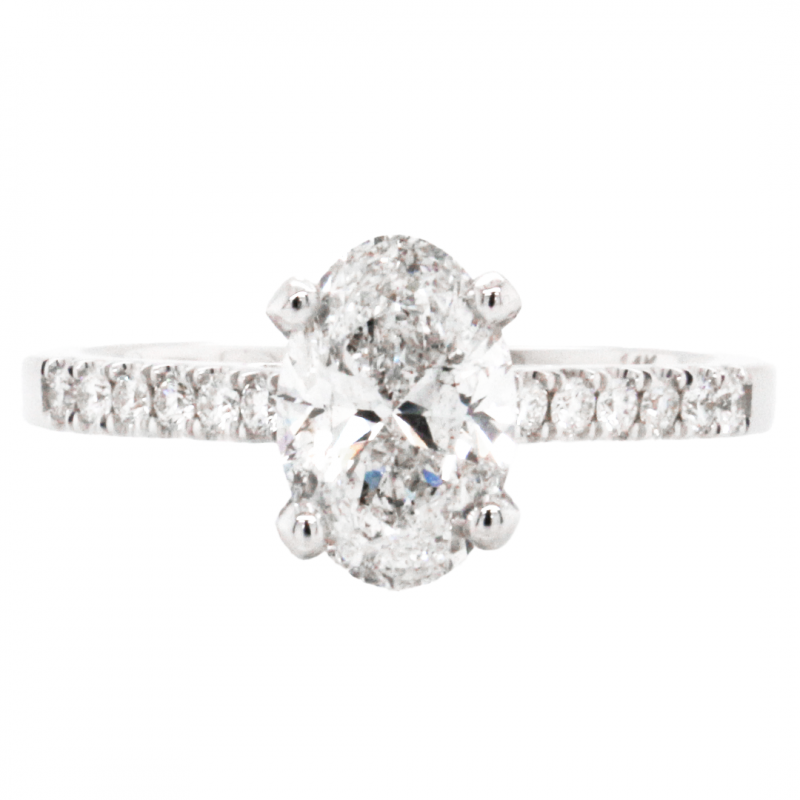 14k White Gold 1 carat Oval Shape Diamond with 0.15 cts. Round Brilliant Diamonds Solitaire Pave Engagement Ring