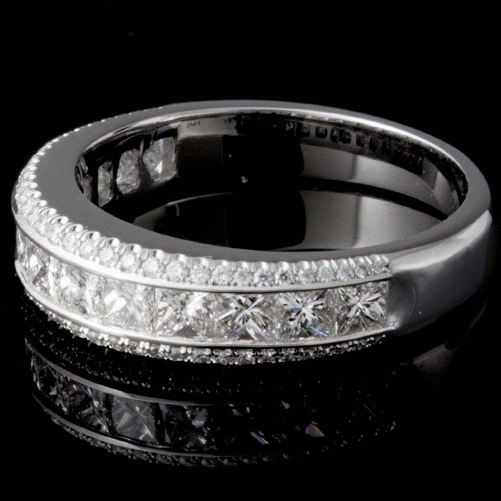Round and Princess Cut Diamond Wedding Band in 14K White Gold
