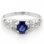 Ladies Vintage Design Fashion Ring with Blue Sapphire and Diamonds in 18k White Gold