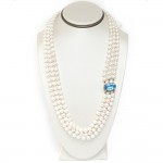 Ladies 3-Strand Pearl and Blue Topaz Necklace with 14k Yellow Gold Lock