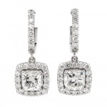 14k White Gold 2.91 Ct. Tw. Cushion and Round Brilliant Cut Diamonds Halo Dangling Earrings