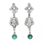 14k White Gold 3.79 Ct. Tw. Round Brilliant Cut Diamond and Emerald Gemstone Dangling Earrings