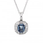 Ladies 18k White Gold Halo Set Pendant with 2.20 ct. Blue Sapphire and 0.44 ct. Round Diamonds