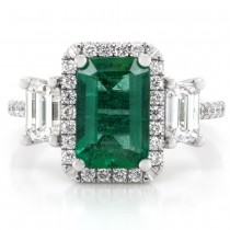 18k White Gold 1.80 Cts. Emerald Stone and 1.20 Ct. Wt. Round and Emerald Cut Diamond Halo Pave Engagement Ring