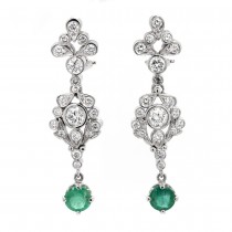 14k White Gold 3.79 Ct. Tw. Round Brilliant Cut Diamond and Emerald Gemstone Dangling Earrings