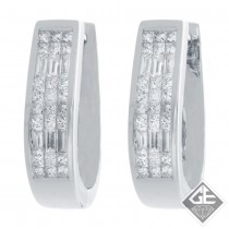 18k White Gold 1.38 Ct. Tw. Invisible Set Three-Row Princess Cut and Baguette Diamond Hoop Earrings