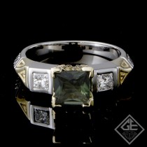 Ladies Classic Style 3-stone Fashion Ring with1.00 carat Princess Cut Green Tourmaline and 0.40 carat Princess Cut Diamonds in 14k-2-tone Gold