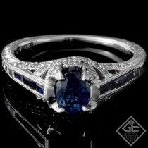 Ladies Vintage Inspired Anniversary Ring With 0.94ct Blue Sapphire and Diamonds in 14k White Gold