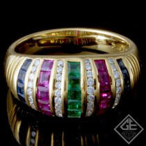 Ladies Channel Set Anniversary Ring with Round Cut Diamonds And Princess Cut Gem Stones in 18k Yellow Gold