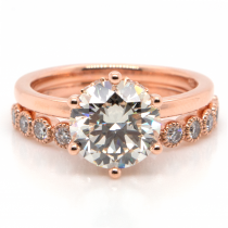 14k Rose Gold Bridal Set Feat. 2ct Round Brilliant Diamond Solitaire on Six-Prong Basket Setting Engagement Ring