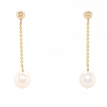 Ladies Japanese Akoya Pearl Dangling Earrings in 14k Yellow Gold