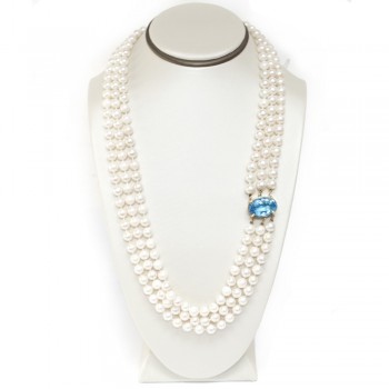 Ladies 3-Strand Pearl and Blue Topaz Necklace with 14k Yellow Gold Lock