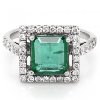 18k WG 2.16 CTWT Emerald and Diamonds Halo Pave Style Fashion Ring