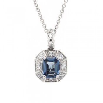 Ladies 18k White Gold Halo Set Pendant with 2.20 ct. Blue Sapphire and 0.44 ct. Round Diamonds