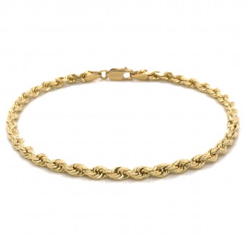 14k Yellow Gold Diamond Cut Rope Chain 3mm, 8" Bracelet