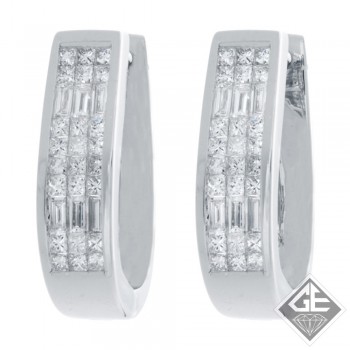 18k White Gold 1.38 Ct. Tw. Invisible Set Three-Row Princess Cut and Baguette Diamond Hoop Earrings