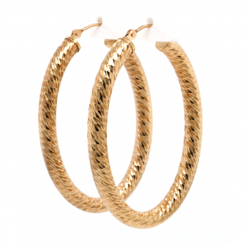 14k Yellow Gold Fancy Design Diamond Cut Oval Hoop Earrings