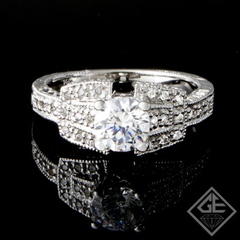 14k White Gold Round Brilliant Cut Center Diamond with 0.29cts Side Pavé Diamonds Engagement Ring (Center Stone Sold Separately)