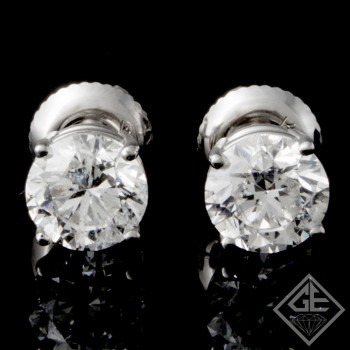 14k White Gold 1.97 Ct. Tw. Round Brilliant Cut Diamond Stud Earrings on 4-Prong Basket Screw Backs Settings