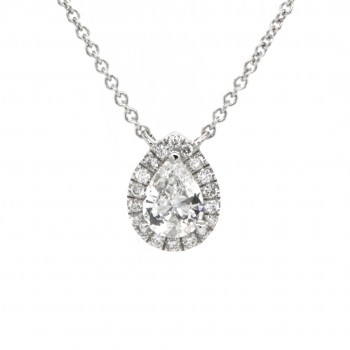 14k White Gold 0.69 cts Pear Shaped Diamond and 0.15 cts Round Brilliants Halo Solitaire Necklace