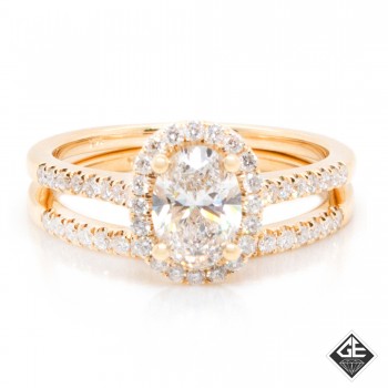 14k Yellow Gold Bridal Set Featuring 1.05ct Oval Center Diamond Halo Engagement Ring
